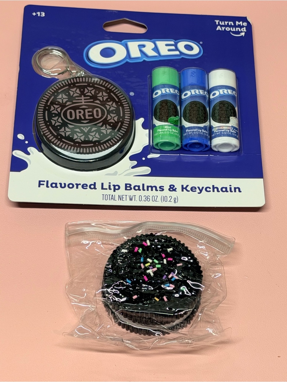 Oreo Flavored Lip Balms & Keychain Set with cookie squishy